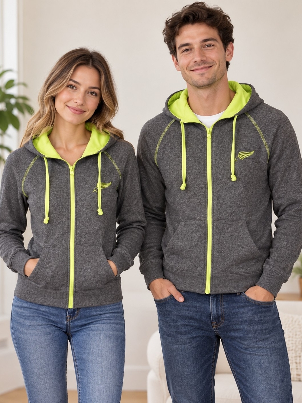 Men's Charcoal Grey Zip Hoodie with Lime Accents Size Small
